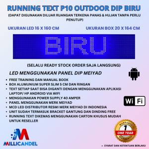 RUNNING TEXT P10 LED DIP OUTDOOR WARNA BIRU UKURAN LED 16X160 CM UKURAN BOX 20X164 CM