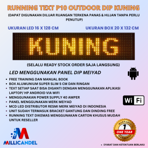 RUNNING TEXT P10 LED DIP OUTDOOR WARNA KUNING UKURAN LED 16X128 CM UKURAN BOX 20X132 CM