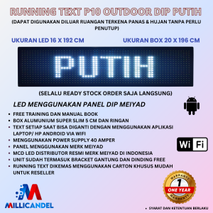 RUNNING TEXT P10 LED DIP OUTDOOR WARNA PUTIH UKURAN LED 16X192 CM UKURAN BOX 20X196 CM