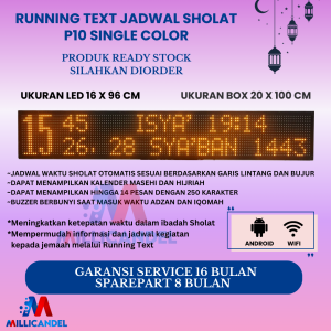 JADWAL SHOLAT DIGITAL RUNNING TEXT JWS P10 WARNA KUNING UKURAN LED 16X96 CM UKURAN BOX 20X100 CM
