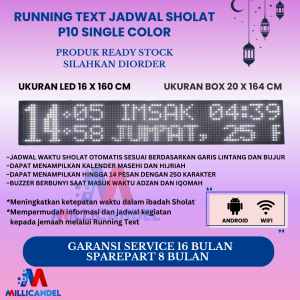 JADWAL SHOLAT DIGITAL RUNNING TEXT JWS P10 WARNA PUTIH UKURAN LED 16X160 CM UKURAN BOX 20X164 CM
