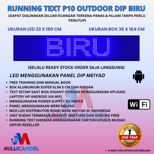 RUNNING TEXT 32X160 CM P10 LED DIP OUTDOOR WARNA BIRU UKURAN BOX 36X164 CM