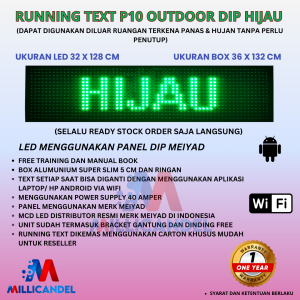 RUNNING TEXT 32X128 CM P10 LED DIP OUTDOOR WARNA HIJAU UKURAN BOX 36X132 CM