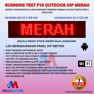 RUNNING TEXT 32X128 CM P10 LED DIP OUTDOOR WARNA MERAH UKURAN BOX 36X132 CM
