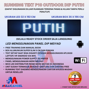 RUNNING TEXT 32X192 CM P10 LED DIP OUTDOOR WARNA PUTIH UKURAN BOX 36X196 CM