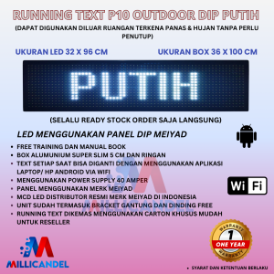 RUNNING TEXT 32X96 CM P10 LED DIP OUTDOOR WARNA PUTIH UKURAN BOX 36X100 CM