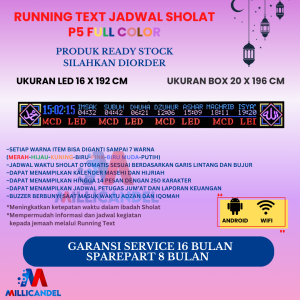 JADWAL SHOLAT DIGITAL RUNNING TEXT JWS P5 RGB FULL COLOR UKURAN LED 16X192 CM UKURAN BOX 20X196 CM