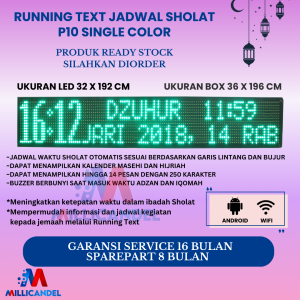 JWS 32X192 CM JADWAL WAKTU SHOLAT P10 WARNA HIJAU UKURAN BOX 36X196 CM